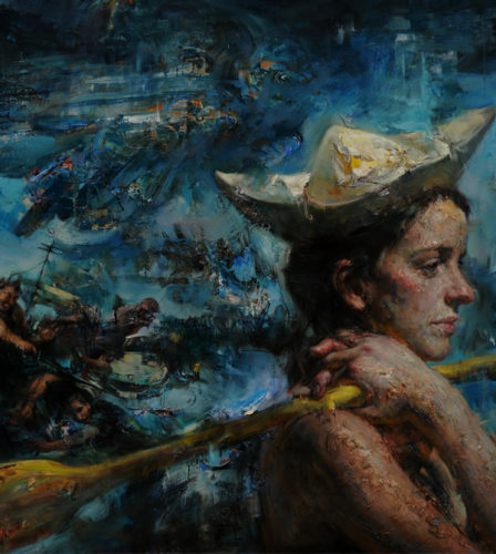 painting by Victor Wang of woman with an oar